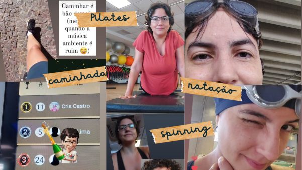 Caminhada, spinning, pilates, natação: fui ajustando os exercícios físicos na minha nova rotina. Nesta imagem, algumas fotos que postei no período.