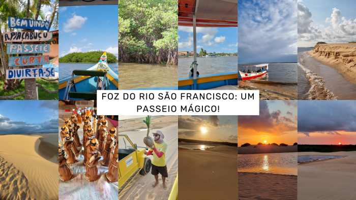 Mosaico de fotos mostra o passeio na foz do Rio São Francisco, em Piaçabuçu, Alagoas. Fotos: CMC / blog da kikacastro