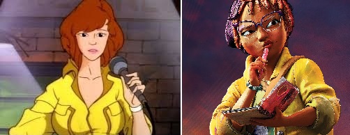 April O'Neil na série animada das Tartarugas Ninja (1987-1996) e no novo filme, de 2023.