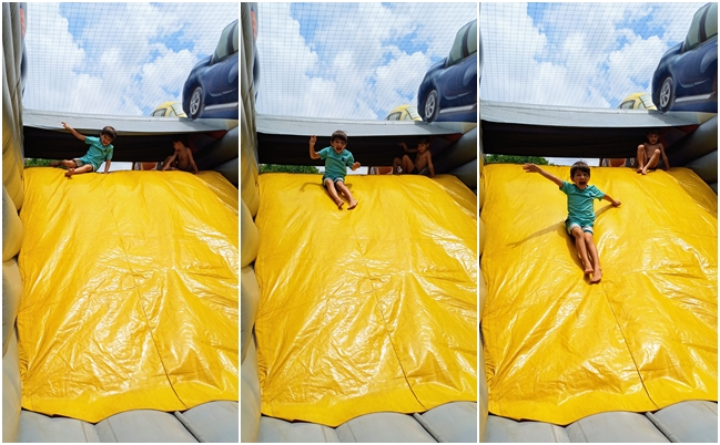 Como é bom ser criança! Nas fotos, o Luiz brincando num escorregador inflável.