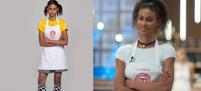 Daphne Sonnenschein em foto de 2015, no MasterChef Júnior, e de 2021, no MasterChef Brasil.