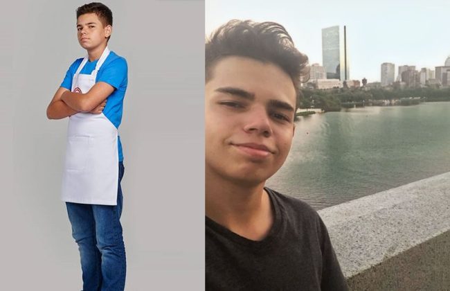 Gleyson Júnior no MasterChef Júnior, em foto de 2015, e em uma foto de 2020.