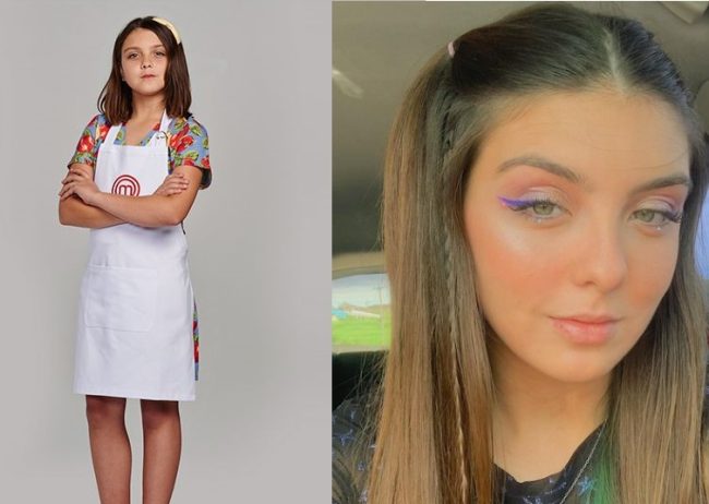 Luiza Miranda no MasterChef Júnior, em foto de 2015, e em uma foto de 2022.