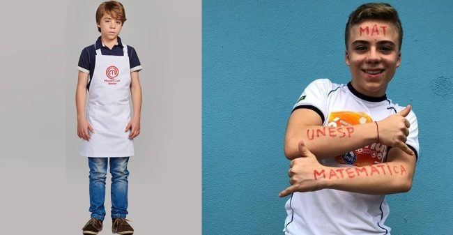 Mateus Girardi, em foto de 2015, no MasterChef Júnior, e em 2019.
