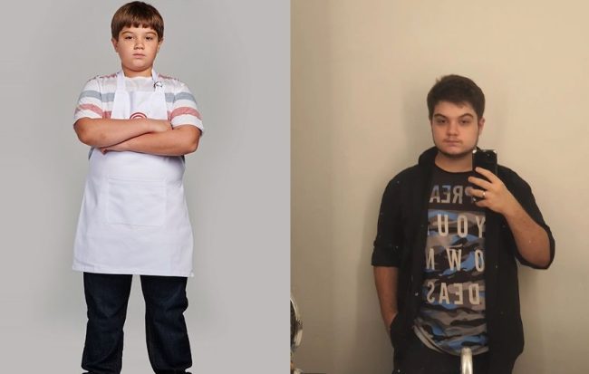 Matheus Burigo, em foto de 2015, no MasterChef Júnior, e em 2023.
