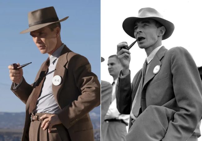 Na esquerda, Cillian Murphy interpretando Oppenheimer no filme de 2023. Na direita, o personagem real.