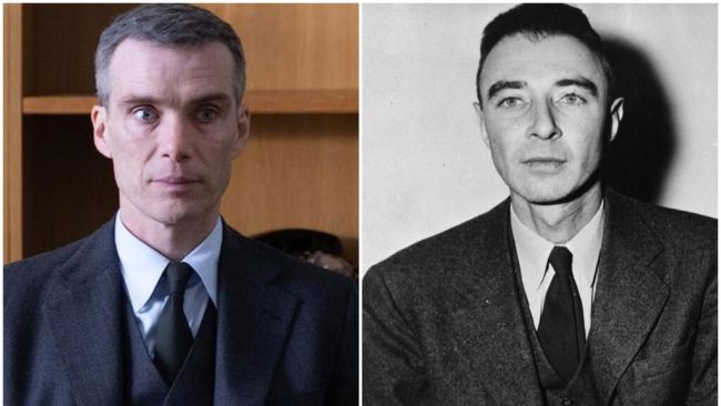 Na esquerda, Cillian Murphy interpretando Oppenheimer no filme de 2023. Na direita, o personagem real.