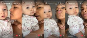 A jornalista Tábata Poline e sua filhinha Lila, de 1 ano, após uma série de vídeos publicados nos stories em que Tábata desabafa sofre o racismo que sofre "todo santo dia". Neste trecho, ela diz, cheia de carinho: "Sim, eu que sou a mamãe desse trenzinho aqui". Fotos: Reprodução / Instagram @tabatapoline.