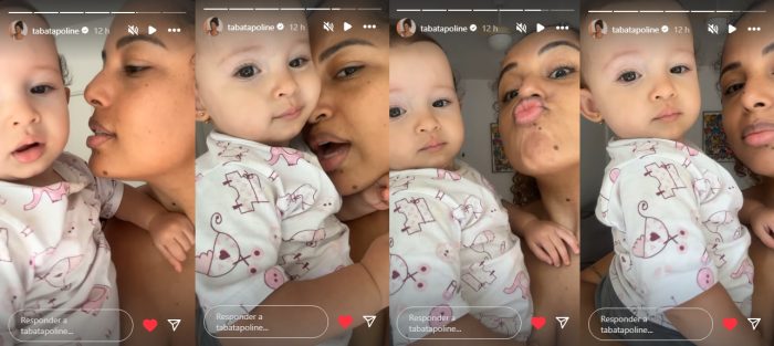 A jornalista Tábata Poline e sua filhinha Lila, de 1 ano, após uma série de vídeos publicados nos stories em que Tábata desabafa sofre o racismo que sofre "todo santo dia". Neste trecho, ela diz, cheia de carinho: "Sim, eu que sou a mamãe desse trenzinho aqui". Fotos: Reprodução / Instagram @tabatapoline.