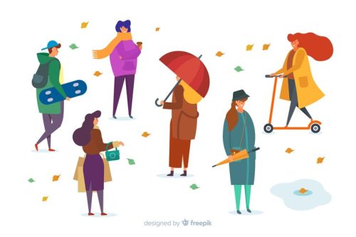 Ilustração de pessoas na rua cercadas por folhas de outono.