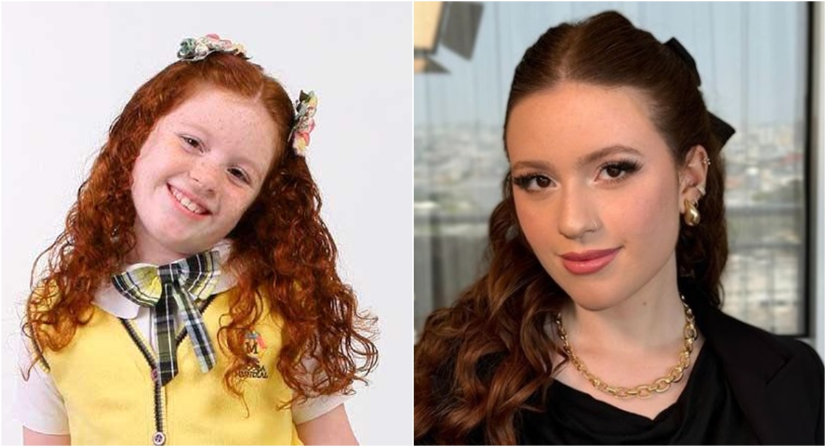 Victória Diniz, que fez a Bibi, em foto de 2012, do Carrossel, e em 2024.