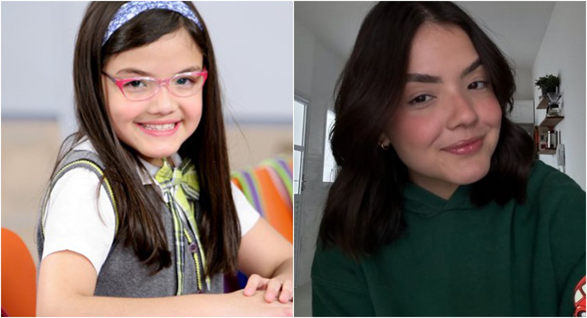 Stefany Vaz, que fez a Carmen, em foto de 2012, do Carrossel, e em 2024.