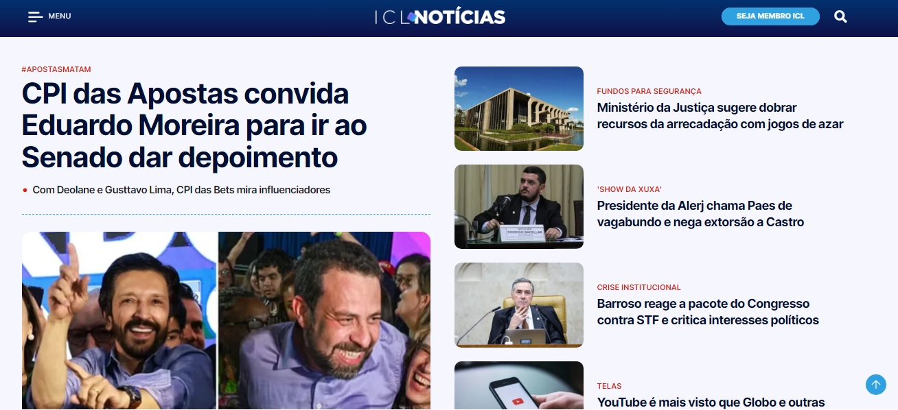 A home page do ICL Notícias na noite deste 10.10.2024. Foto: Reprodução