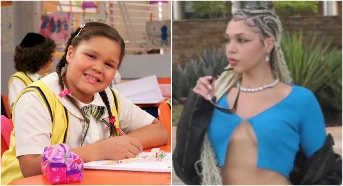 Aysha Benelli, que fez a Laura, em foto de 2012, do Carrossel, e em 2024.