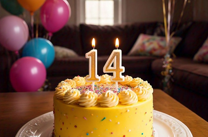 Bolo com vela de 14 anos