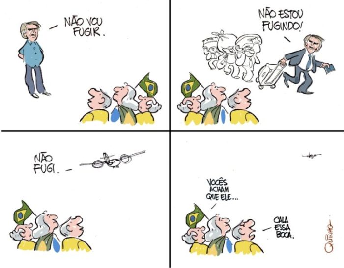 Charge de Quinho na época da posse de Lula como presidente, em que Bolsonaro fugiu para os Estados Unidos. Se condenado agora, ele deve fugir de novo em algum país "amigo".