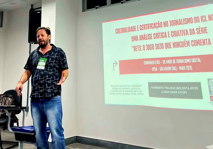 Jornalista Humberto Trajano apresenta trabalho no seminário do GJOL sobre os 30 anos de jornalismo digital no Brasil. Foto: arquivo pessoal.
