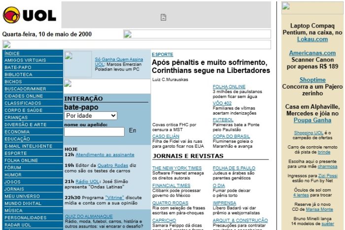 Print da home page do UOL em maio do ano 2000. Fonte: Web Archive.