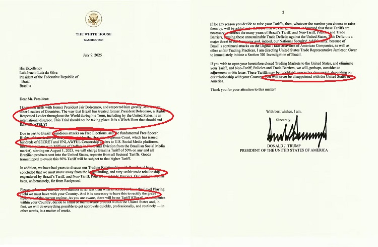 Carta de Donald Trump a Lula, com destaque em vermelho para algumas das mentiras citadas pelo presidente dos Estados Unidos.