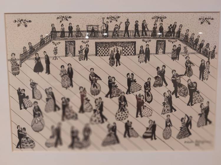 Obra Baile, de 1982, de Zica Bérgami, nascida em Ibitinga (SP) em 1913 e morta em São Paulo (SP) em 2011. Bico de pena sobre papel.