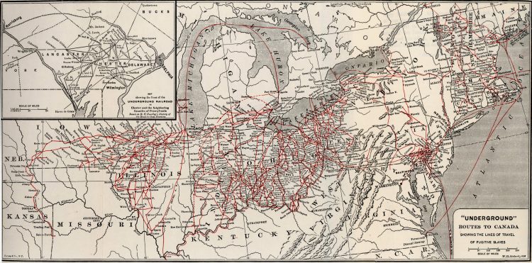 Compilado de "The Underground Railroad from Slavery to Freedom" por Wilbur H. Siebert, The Macmillan Company, 1898. Mapa completo da "ferrovia subterrânea", que era uma rede de rotas secretas e casas seguras usadas por escravizados negros nos Estados Unidos para escapar para estados livres e para o Canadá.