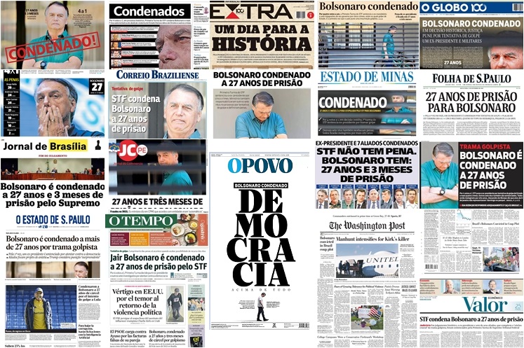 Capas de vários jornais sobre Bolsonaro condenado a 27 anos de prisão, com destaque para a d'O Povo, minha favorita. Foto: reprodução / 12.09.2025