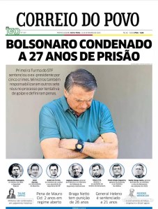 Capa do Correio do Povo sobre Bolsonaro condenado a 27 anos de prisão. Foto: reprodução / 12.09.2025