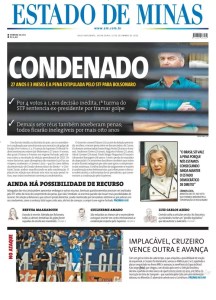 Capa do Estado de Minas sobre Bolsonaro condenado a 27 anos de prisão. Foto: reprodução / 12.09.2025