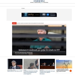 Homepage do portal do Estado de Minas instantes depois da condenação de Jair Bolsonaro, em 11 de setembro de 2025. Foto: reprodução.