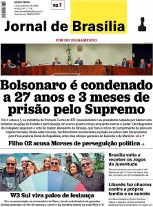Capa do Jornal de Brasília sobre Bolsonaro condenado a 27 anos de prisão. Foto: reprodução / 12.09.2025