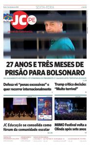 Capa do JC sobre Bolsonaro condenado a 27 anos de prisão. Foto: reprodução / 12.09.2025