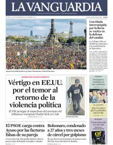 Capa do La Vanguardia sobre Bolsonaro condenado a 27 anos de prisão. Foto: reprodução / 12.09.2025