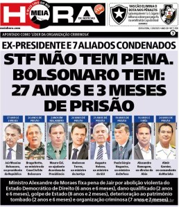 Capa do Meia Hora sobre Bolsonaro condenado a 27 anos de prisão. Foto: reprodução / 12.09.2025