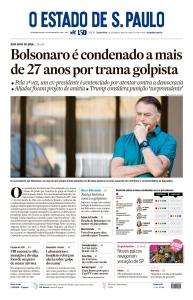 Capa do O Estado de S. Paulo sobre Bolsonaro condenado a 27 anos de prisão. Foto: reprodução / 12.09.2025