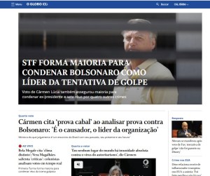 Homepage do portal do O Globo instantes depois da condenação de Jair Bolsonaro, em 11 de setembro de 2025. Foto: reprodução.
