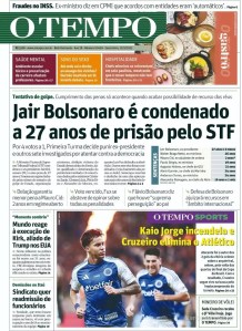Capa do O Tempo sobre Bolsonaro condenado a 27 anos de prisão. Foto: reprodução / 12.09.2025