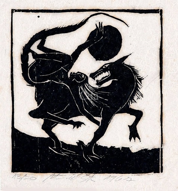 Imagem que aparece na capa de Sátántangó, do autor László Krasznahorkai, vencedor do Nobel de Literatura em 2025. Trata-se de uma xilogravura de Manuel Messias dos Santos, "Mulher e Monstro", de 1967. Crédito: catalogodasartes.com.br.