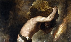 Parte da obra Sísifo, óleo sobre tela do mestre veneziano Ticiano, de 1548-1549. Está no acervo do Museu do Prado, em Madrid. Domínio Público.