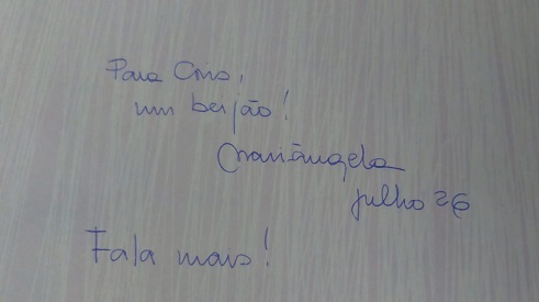 A dedicatória de Mariângela Haddad no meu livro.