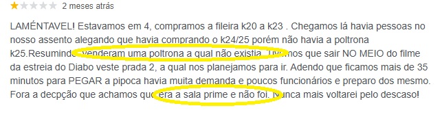Reclamação contra cinema Cineart do Ponteio Lar Shopping nas avaliações do Google.
