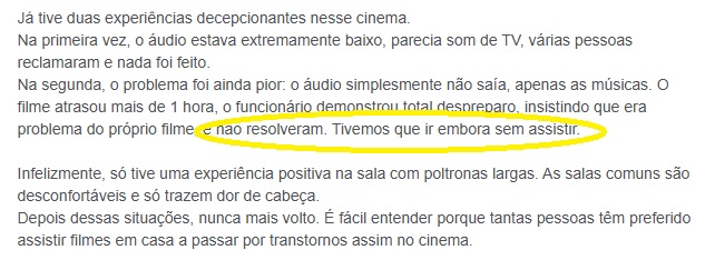 Reclamação contra cinema Cineart do Ponteio Lar Shopping nas avaliações do Google.