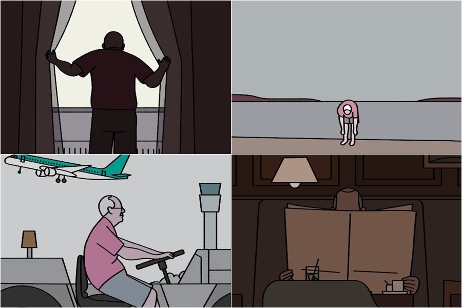 Cenas do curta-metragem de animação Retirement Plan, com direção e roteiro de John Kelly. Imagens: reprodução.