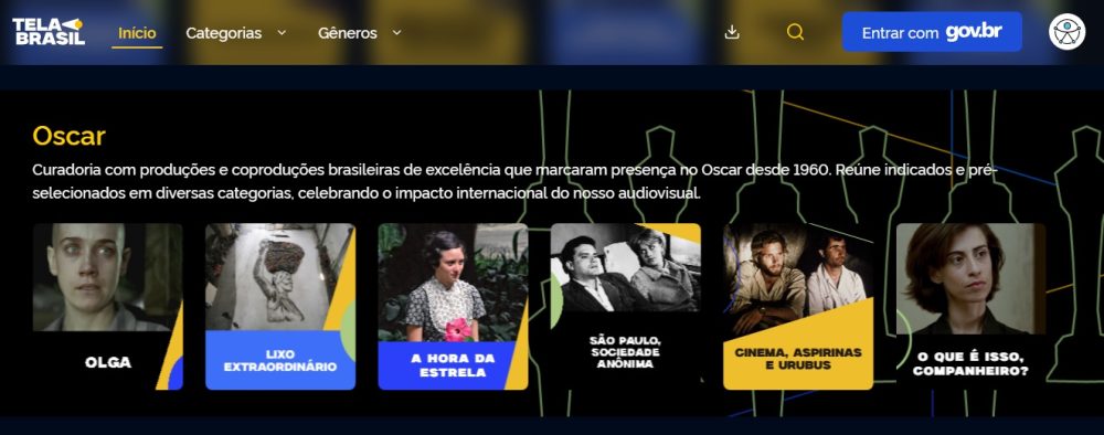 Alguns filmes indicados e pré-selecionados ao Oscar e que estão na plataforma de streaming gratuita Tela Brasil. Imagem: reprodução